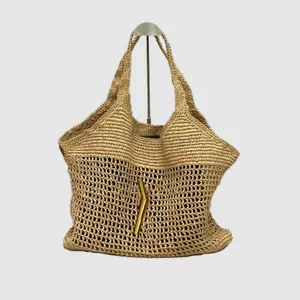 Shopping Strohhalle Designer -Tasche Icare Maxi -Tasche Luxustasche für Frauen handgestickte Khaki -Sommer -Umhängetaschen Wochenendbrief Raffias Mesh vielseitig TE051 H4