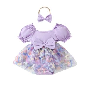 Rompers Baby Girl Bodysuit Dress Floral Bubble Sleeve O Neck Bodysuits with Headband Infants Girls Outfit 0-24M H240507