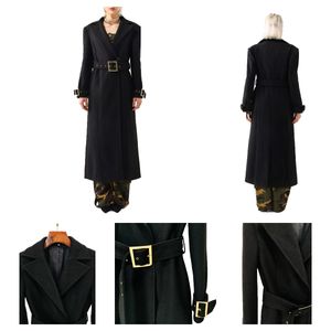 Дизайнерский шерстяный пальто женское траншевое пальто неопределенное оценочное ремень шеи твердый цвет обычный бизнес -формальный черный S 2xl Long Hoat Женщины сухой халат для женщин костюмы для женщин