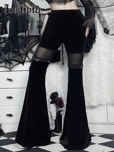 Women's Pants Capris InsGoth Y2K Velvet Pants Gothic High Waist Winter Mesh Patchwork Grunge Strt Vintage Pants Black E Girl Leg Belted Flared Pant Y240504