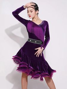 Stage Wear Duqiao Latin Dance Women's Adult Tassel Long-Sleeved Velvet Dress Exercise Clothing Autumn Professional Costume