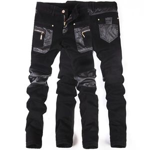 Fashion Men Leather Pants Patchwork Casual Skinny Mens Motorcycle Jeans High Quality Slim Trousers Size 2836 240419