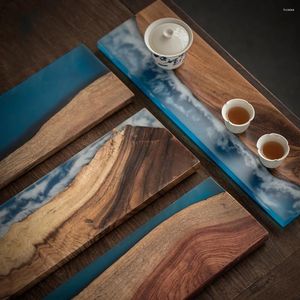 Bandejas de chá Bandejas de madeira maciça natural O escritório da casa do céu azul Braneca de resina de design de resina para chá de chá luxuoso