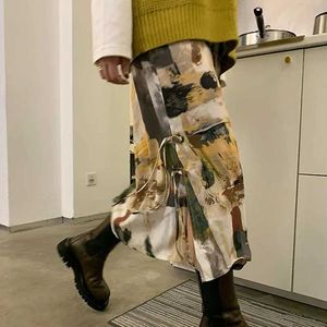 Skirts MEXZT Tie Dye Oil Painting Skills Womens Harajuku Straight Sewing Midi Skills Y2K Retro Street Clothing High Waist Bandage Design Skills Q240507