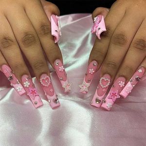 False Nails 24Pcs Long Ballet False Nails Coffin French with Rhinestones Flower Design Wearable Fake Nails Full Cover Press on Nails Tips T240507