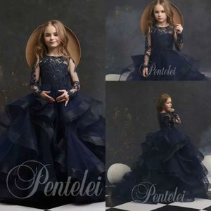 Dreamly a Line Flower Girl Jewel Långärmning Lace Applique Crystal Tiered Pageant Dress Floor Length Girl's Birthday Part 0431