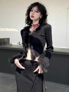 Deeptown Y2K Grunge Black Black Cropped Cardigan Women coreano Elegante maglione a maglia a maglia a maglione di lusso a V Slim Fit tops harajuku vintage 240506