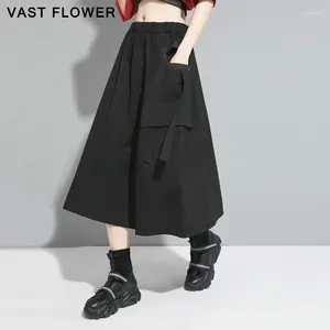 Skirts Black High Waist Womens Pocket Spliced Ribbon Elastic Plus Size Loose Midi Skirt Fashion Clothes Summer 2024