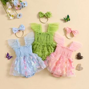 Rompers 3D Decor Dress Baby Girl Lace Ruffle Sleeve Bodysuit Mesh Tulle Overalls Jumpsuit Headbands H240507