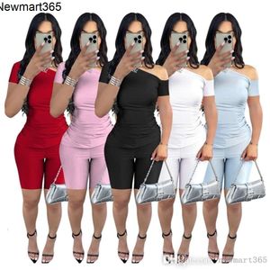 Women Tracksuits Two Pieces Set Designer 2024 New Summer Fashion Diagonal Shoulder Short Sleeve Sexy Shorts Casual Set 5 Colours