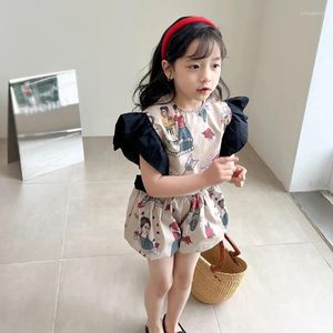 Kleidungsstücke Sommer Kinder Mädchen Runde Kragen Mädchen ärmelloses gekräuseltes Hemd und Shorts Kids Casual Anzug Kinder 2pcs Outfit 3-8 Jahre