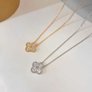 Originalidade da marca 925 colar de van de prata esterlina banhado com ouro de 18k diamante full Lucky Grass Pingente Chain Precision High Version Jewelry