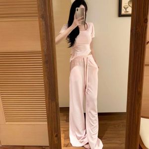 Summer tracksuit Women Two Piece Pants miumiuss pink Letter logo casual slim fit short sleeved pants set