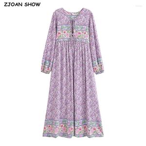 Casual Dresses 2024 Boho Lavender Liten Flower Print Bow Nacing Up Neck Long Straight Dress Women Viscose Cotton Full Sleeve Maxi Robe