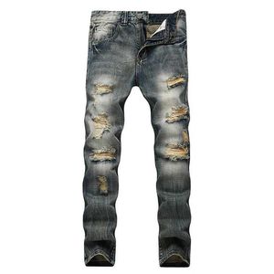 Mäns jeans Strtwear Mens Jeans Ripped Denim Pants Hole Ruined New Brand Biker High Quality Straight Patch Plus Size 40 42 Y240507