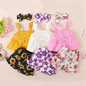 Kläder sätter 3st födda baby flickor kläder ärmlös slip väst toppar bowknot blommor tryck shorts spädbarn småbarn kläder