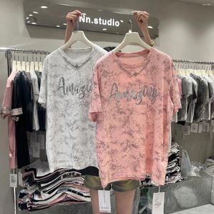 女性用Tシャツ刺繍文字Tシャツ女性用キラキラカジュアルルーズショートスリーブコットンプラスサイズ摩耗Camiseta de Mujer