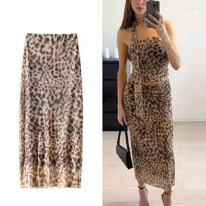 Saias de leopardo tule saia tule mulher vintage cintura alta longa para mulheres malha de verão midi elegante feminino