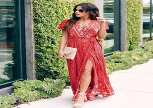 Boho Red Bikini Coverups Sexig Vneck Kort ärmstrandklänning Plus Size Bohomian Print Wear Swim Suit Women Cover Up Women039S9697580