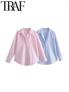 Camicette da donna y2k oversize da donna camicetta casual 2024 autunno v al collo manica lunga camicia a strisce sciolte da donna blu rosa blu rosa blu