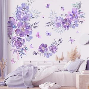 Adesivos adesivos de parede de flores roxas extremamente grandes para a sala de estar decoração de casa decoração de borboleta adesiva de pvc