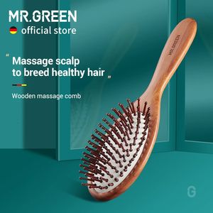 ミスターグリーンヘアブラシ天然木穀物穀物反統計コーナー除去ブラシヘア頭皮マッサージコームエアクッションメンズスタイリングツール240429