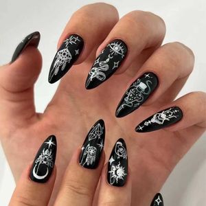 False Nails 24p 검은 분리 가능한 아몬드 프렌치 풀 커버 거짓 손톱 실버 나비 라인 스틸레토 가짜 nials 못 손톱 DIY 매니큐어 T240507