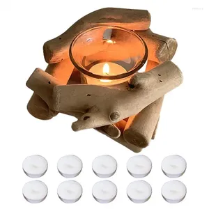 Titulares de velas Vintage Driftwood Candlestick Rustic Wooden Tealight Holder com 10 velas para a mesa de mesa Decoração da casa da sala de estar