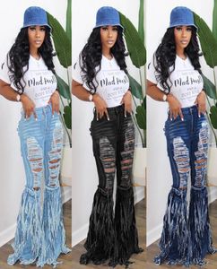 Womens fashion Fringed denim trousers sexy flared jeans pants hole ripped full length leggings pants streetwear Fall plus size Clo5053223