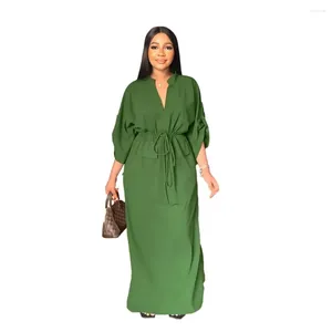 Etniska kläder 2024 Afrikanska klänningar för kvinnor Summer Long Sleeve V-Neck Polyester Office Lady Maxi Dress Dashiki Africa