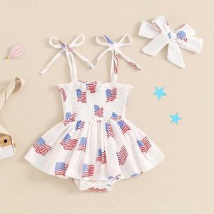 Zestawy odzieży Baby Girl Letni kombinezon na ubrania 4 lipca Flagowa sukienka bez rękawów i zestaw opaski H240507