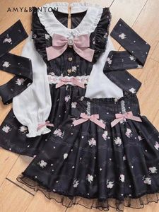 Lässige Kleider Frühling Sommer japanischer süßer Bogen Liz Kleid Frauen Messen Massenproduzierte Kawaii Printed Puppenband Lolita Lolita