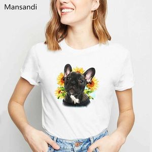 Kvinnors T-shirt Harajuku Kaii French Bulldog /Boston Terrier /Yorkie Fu /German Shepherd /Chihuahua /Pug Dog Flowers Print T Shirt Women Tops D240507