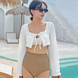 Women's Swimwear White Bikini 2024 Korean Biquini Padded 3 Pack Swimsuit With Long Sleeve Shirt Women High Waist Bathing Suit Summer Beach