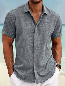 Herrpolos Lossa Casual Cotton Linen Shirt för herrkort ärm 2024 Sommar Ny överdimensionerad strandtopp med krage och slipsfärgad cardiganl2405