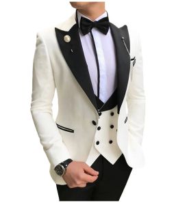 Jackets personalizados Made Men ternos de smoking branco e preto Tuxedos pico de lapela no noivo do noivo (jaqueta+calça+colete+gravata) D133