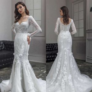 Sukienki ślubne syreny ślub 3D-Floral Sukienki Wspaniałe długie rękawy bez pleców Tiul Tiul Koronkowy pociąg Custom Made Plus Size Małośna sukienka Vestidos de novia