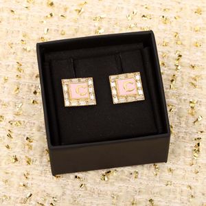 Luxury quality charm square shape stud earring with pink black color crystal beads in 18k gold plated have stamp box PS3592B