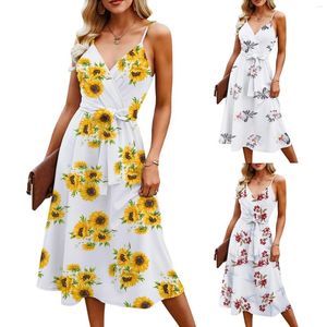 Casual Dresses Women Summer Dress Wraps V Neck Sleeveless Maxi Boho Floral Strap A Line Beach sundress med Belt White Vestidos