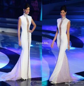 Miss Universe Pageant Evening Dress White High Neck Crystals Cap Sleeve Mermaid 2021 Kändisklänningar Formella parti Prom Dresses1465324