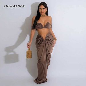 Zweiteiliger Kleid Anjamanor 2-teiliges Set DP V Tube Top und Maxi Rock Sexy Party Kleid Urlaub Strand Sommeroutfits für Frauen 2024 D42-EG46 T240507