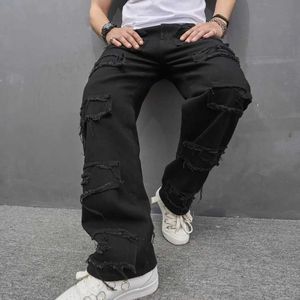 Men's Jeans Hip Hop Strtwear Men Holes Patch Straight Loose Biker Jeans Pants Male Stylish Casual Denim Trousers Y240507