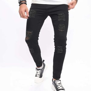 Mäns jeans män hip hop hål stretch mager blyerts jeans byxor nödställda högstrt stilfullt för män denim byxor y240507