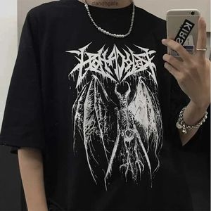 Camiseta preta de impressão punk gótica para homens e mulheres harajuku y2k tops de verão de camiseta de tamanho grande de verão