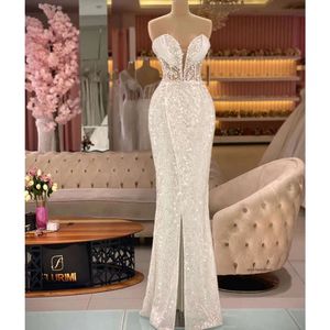 Shiny New Arrival Evening Dresses V Neck Strapless Sleeveless Floor Length Beaded Pearls Lace Side Slit Sequins Appliques Prom Dress Formal Plus Size Tailored 0431