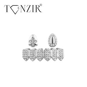 14k Platerade guldgrillar tänder Cross Heart Crysta Silver Gap Hip Hop Top Bottom Tooth Cap Set 1-2 Pieces CostMe Cosplay 240418