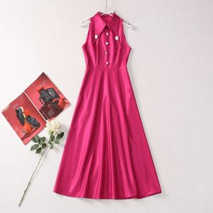 Sommarrosa fast färg Rhinestone Dress Sleeveless Lapel Neck Midi Casual Dresses S4A250412