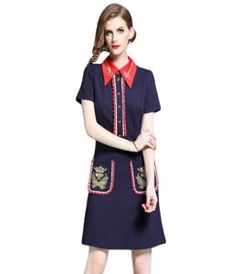 Luxury Runway Women039s Lapel Neck Bee Embroidery Dress Spring Fall Elegant Office Lady Business Sexy Slim Short Sleeve KneeLe9864510