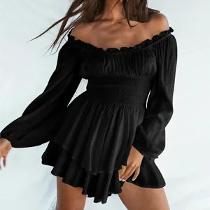 Casual Dresses Women Off Shoulder Slash Neck Jumpsuits Long Puff Sleeve Vestidos Short Rompers Fairy High Waist Playsuits Pleated Dress 2024