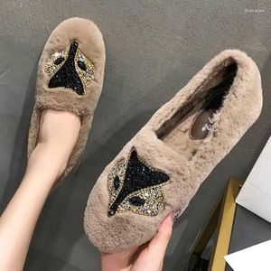 Casual Shoes Upscale Crystal Fur Flats Women Round Toe Anti-slip Warm Plush Loafers Cozy Furry Moccasins Flat Winter Woman S592